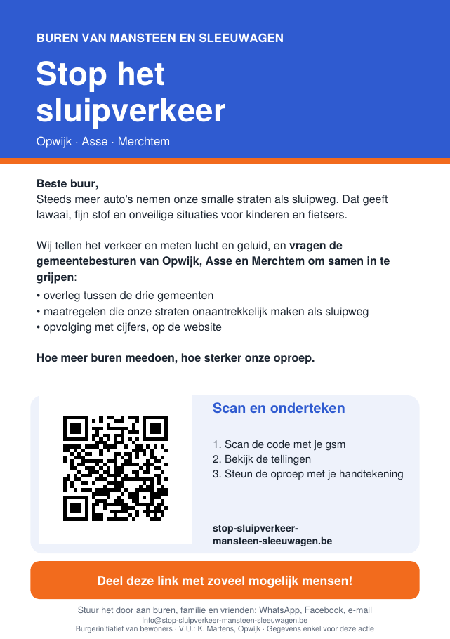 Flyer: Stop het sluipverkeer, met QR-code naar deze website en de oproep om de link te delen